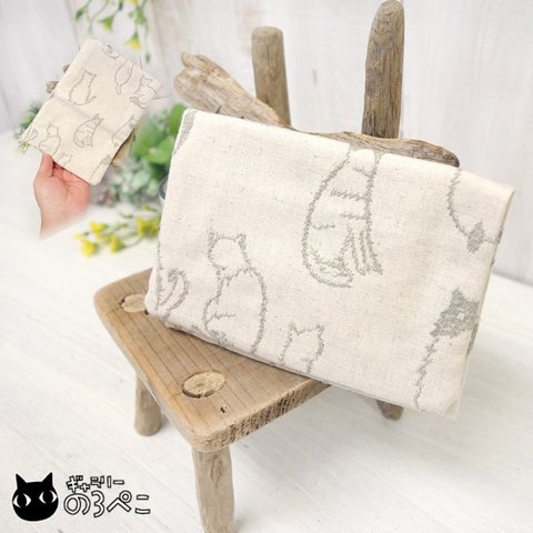 猫刺繍リネンのポケットティッシュケース～ライトグレー猫ちゃん(B)　bc846-18-2