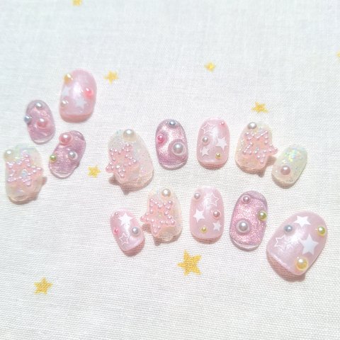 ⋆⸜ 即日発送 ⸝⋆ 14本セット♡ピンク × 星 × マグネット☆ネイルチップ♡