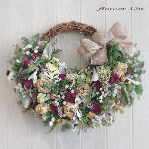 28㌢ 華やかな薔薇のxmasリース