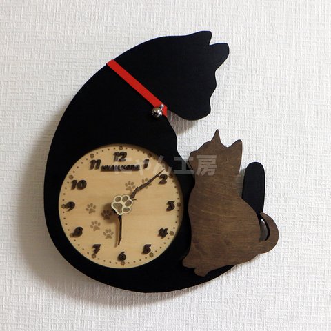 【受注制作】天然木 親子にゃんこウォールクロック黒猫バージョン 猫の壁掛時計 卓上時計