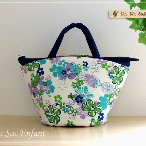 Sac de panier サックドパニエ（かごバッグ）Fleur d'été （フルール・エテ）ブルー　Mサイズ・ファスナータイプ  