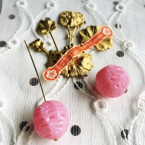 【2コセットcherry brand glass beads】vintage occupied Japan pink 17㍉薬玉