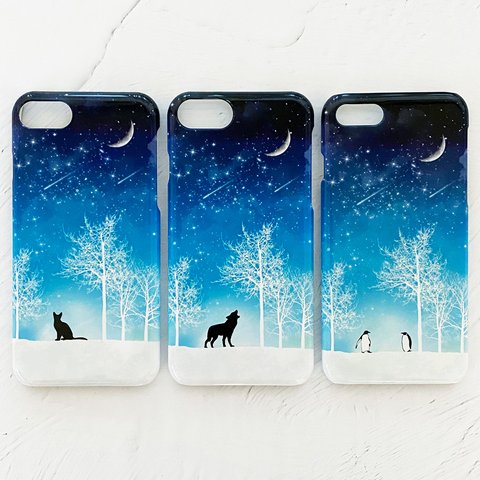 全8種 冬の星空 iPhoneケース スマホケース 全機種対応 三日月 猫 ケース 狼 iPhone14