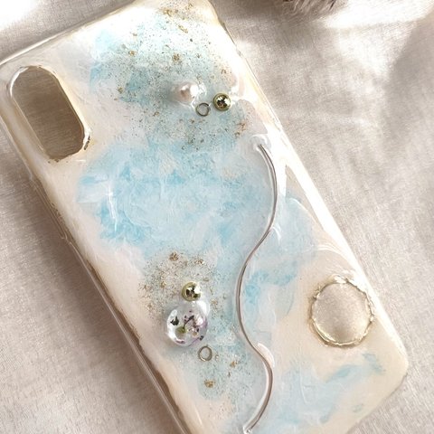 スマホケース iPhoneケース 〝ニュアンスぱーるフラワー〟light blue   ver.