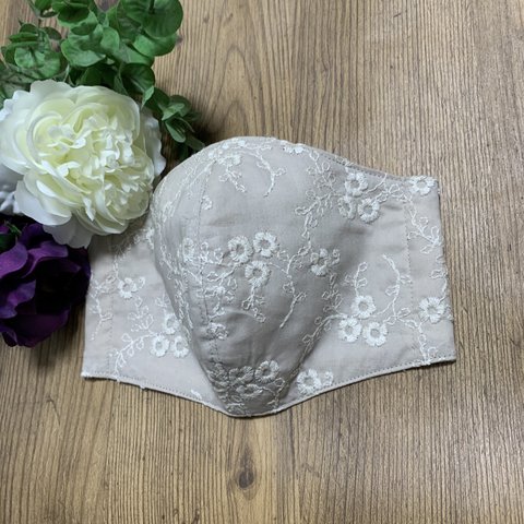 ゴム長さ調整可　エンブロイダリーレース　マスク　コットンレース　花柄　刺繍　大人用立体　花　結婚式　お受験　成人式　七五三　