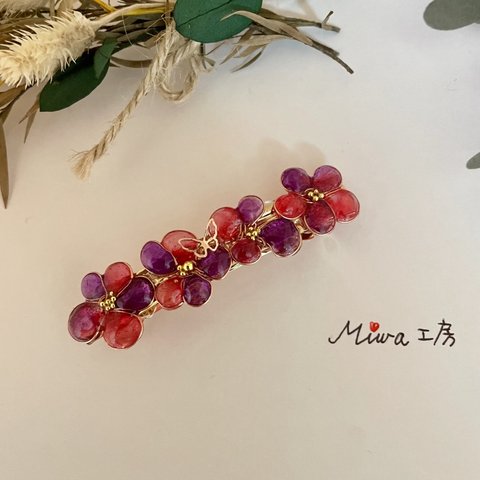 赤と紫のお花のバレッタ　No.179