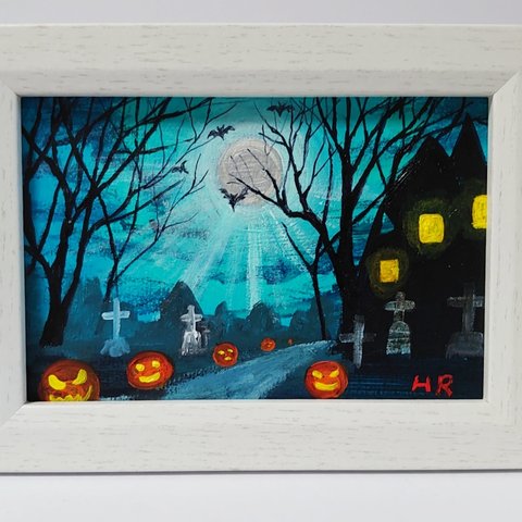 油絵 ハガキ絵画額付き【ハロウィン風景】