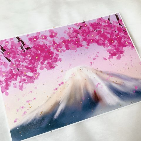 桜舞う富士　A4サイズポスター　春　キレイ　お花　桜　和紙　キラキラ　かわいい　季節