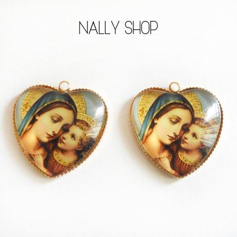 【2個】Virgin Mary & Jesus Big Heart Charm Gold【M-230】