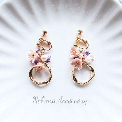 sale アメジストとお花のフープ イヤリング/ピアス