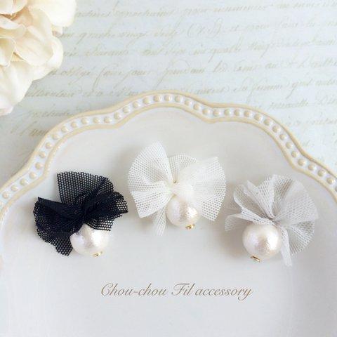 tulle ribbon&cotton pearl earring