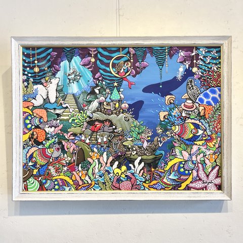 アクリル画 原画 額縁付き 作品名「海の中からフレーフレー」海の絵　ファンタジーな絵