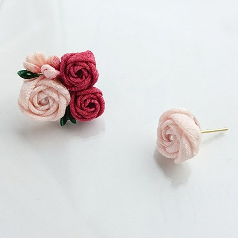 *花束ピアス* バラの花束 *つまみ細工*