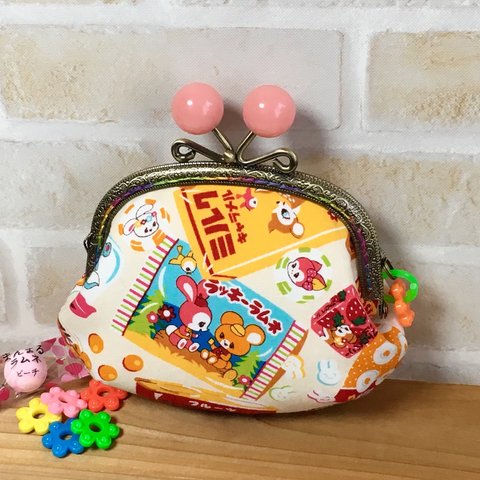 駄菓子パッケージ♪レトロ動物がまぐちポーチ*オフホワイト