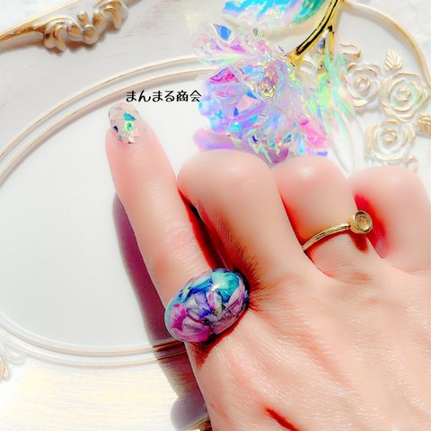 SALE🉐【ローズコンフェッティ💍】カラフル／薔薇／希少カラー／ドライフラワー／オーバル／横型／スチール／フリーサイズ／リング