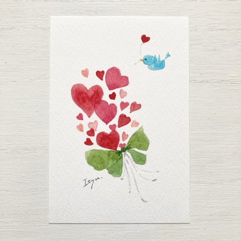 ❤️ 透明水彩画「ハートの花束」イラストポストカード　バレンタインカード　バレンタイン バースデーカード ウェディングカード❤️