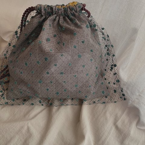 チェック柄巾着バッグ　Check bag ◆ Ash