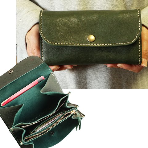 がばっと開けられる革の長財布/大きなレザー財布/gabatto2-green