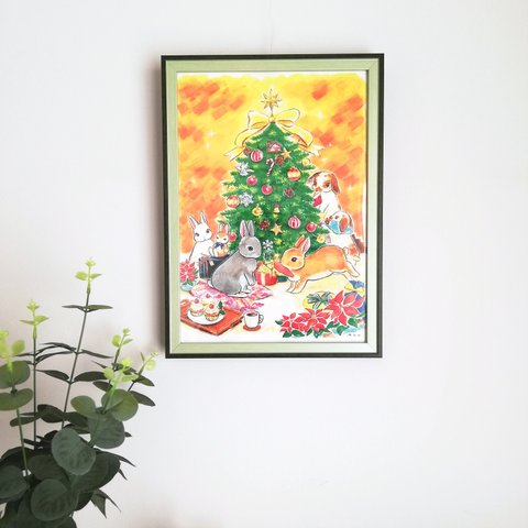 インテリアポスター　額縁付　A4 【Christmas Party】緑　クリスマス　Art_Mao