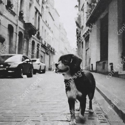 パリの街のイメージ、歩く犬、レトロ、モノクロ、アート、古びた写真　conistock_47321