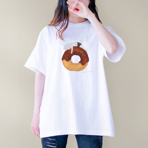 【BigMサイズ】チョコがけドーナツとネコぱんのTシャツ ホワイト 白 メンズ ユニセックス【短期発送】