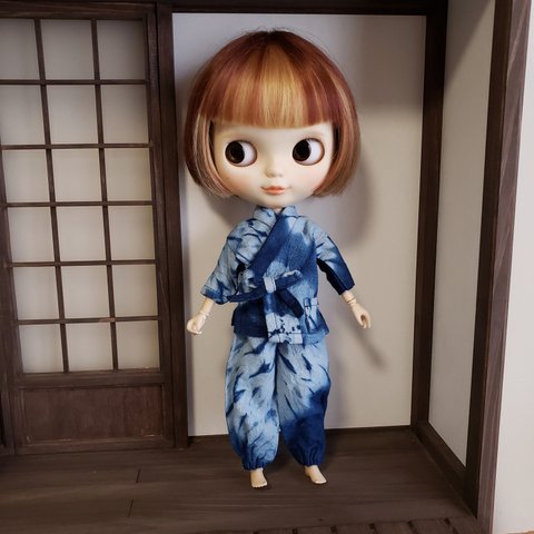 ＊blythe outfit ブライス アウトフィット＊藍染絞りの作務衣＊