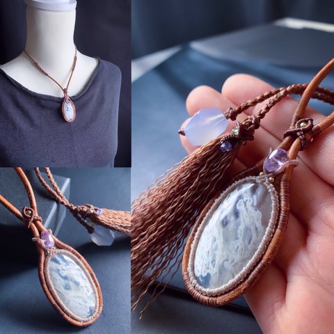 white moss agate × pink amethyst / leather cord necklace #マクラメネックレス