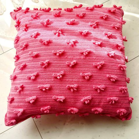 クッションカバー リボン 編み ピンク