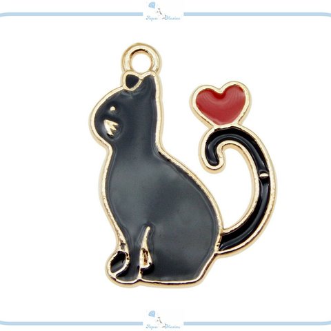 E168 チャーム 黒猫 ハート ねこ ネコ ゴールド ハンドメイド 材料 アクセサリー パーツ デザイン ネックレス キーチャーム クロネコ 黒ねこ 愛猫家 可愛い ペット 家族