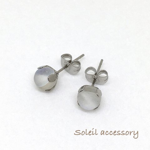 604【ルナフラッシュ】天然石一粒ピアス＊6mm＊サージカルステンレス