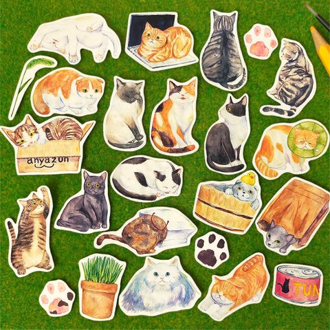 【24枚セット】猫がいっぱいのフレークシール 全24種類