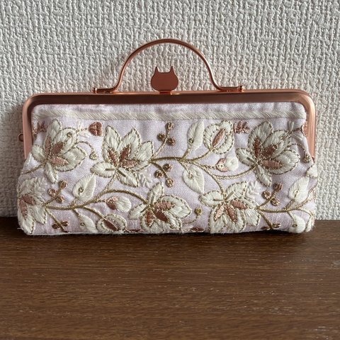 がま口ペンケース　インド刺繍リボン　花刺繍ライトピンク【G-63】