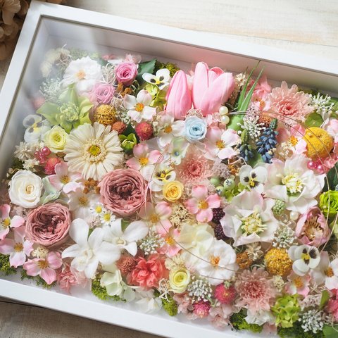 《特別な日のお祝い・誕生日・結婚祝い》カラフルフラワーズ♪プリザーブドフラワーとドライフラワーの春色ハナミズキ入りフレームA３サイズglassart_flower_spring