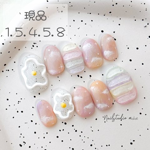 ネイルチップ 現品 韓国 ポップ ぷっくり 雲 空 夕焼け インクネイル パステルカラー ピンク お花