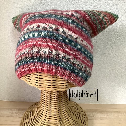 オパール毛糸の猫耳帽子　手編み　#17