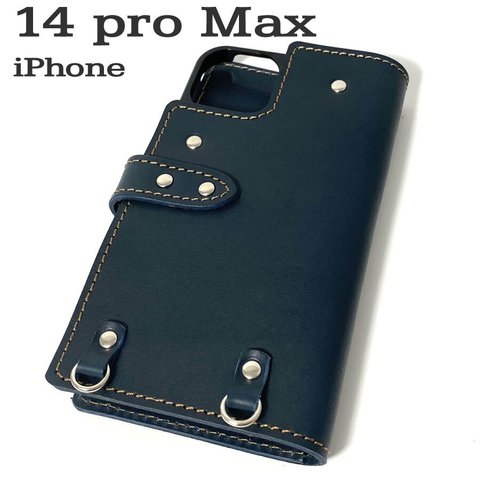 送料無料 手帳型 スマホケース iPhone 14 pro Max 用 スマホショルダー ハードカバー 革 ネイビー