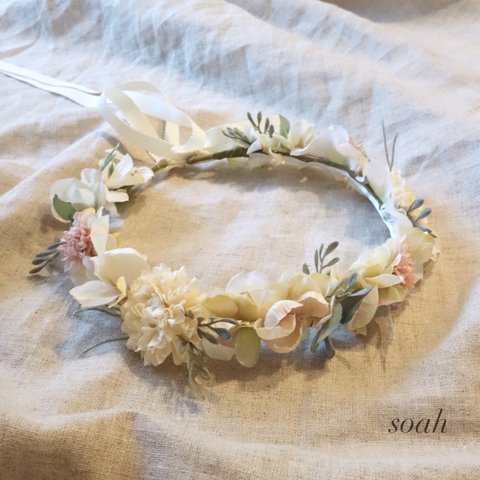 antique white & green &  pink 花かんむり（wide）キッズ・ベビー ラッピング無料