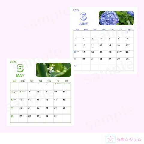 卓上カレンダー 花 2024年5月・6月（JPG・PNGファイル）