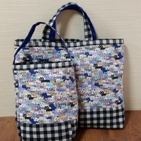 [sale]　￥4,200→￥2,800　☆ネコとチェックの通園・通学2点セット（ﾈｲﾋﾞｰ）