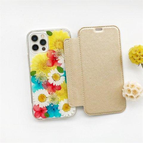 『紫陽花』 押し花 選べる5色 手帳型スマホケース iPhoneケース iPhone14Pro/13Pro/12Pro/SE/11Pro/XR/XS/8/7