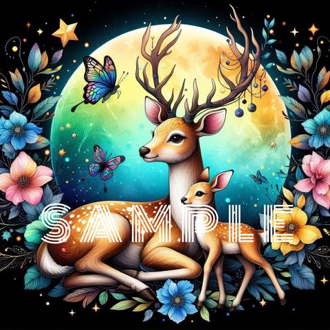 満月の花🦌🌝　満月 鹿 絵画 ダウンロード 花 デジタルアート ポスター アート 壁紙 インテリア イラスト 可愛い動物 ウォールアート はな 