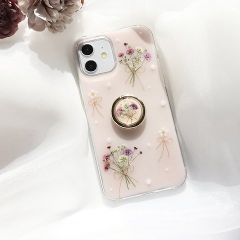 chiffonpink𓂃 カスミソウとpearlflower スマホリング付き 押し花スマホケース  全機種 Android Xperia クリア  iPhone14 スマホカバー 韓国  ショルダー