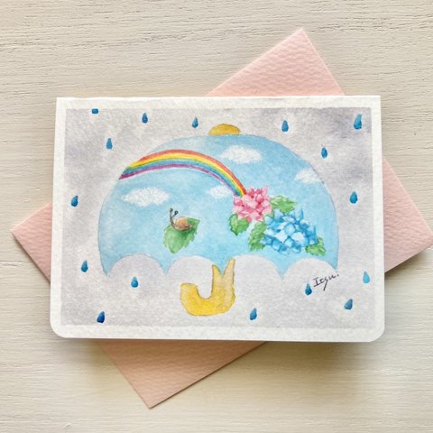 ☂️透明水彩画　2枚セット  「雨のち晴れ」イラストミニカード　傘　虹　あじさい　紫陽花　母の日　父の日☂️