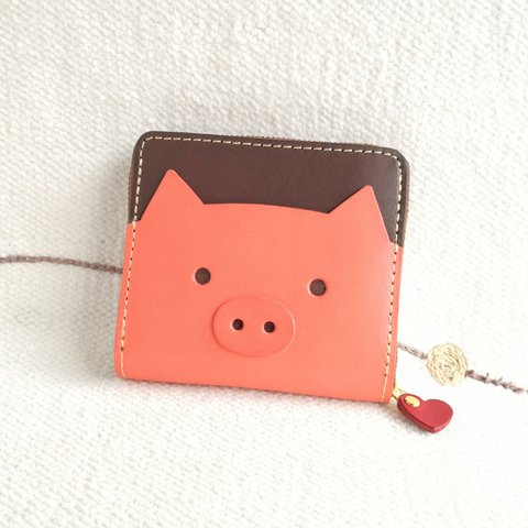 ＊くるりんしっぽの豚さん＊ハート引き手のラウンドジッパー コンパクトお財布＊ピンク