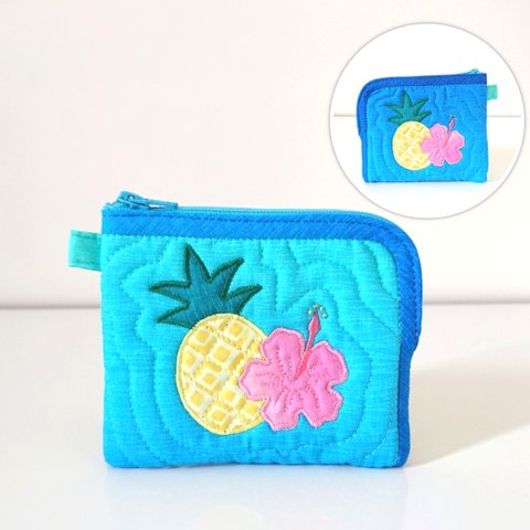 パイナップルとハイビスカスの小さいお財布(薄ピンク花×ブルーグリーン)
