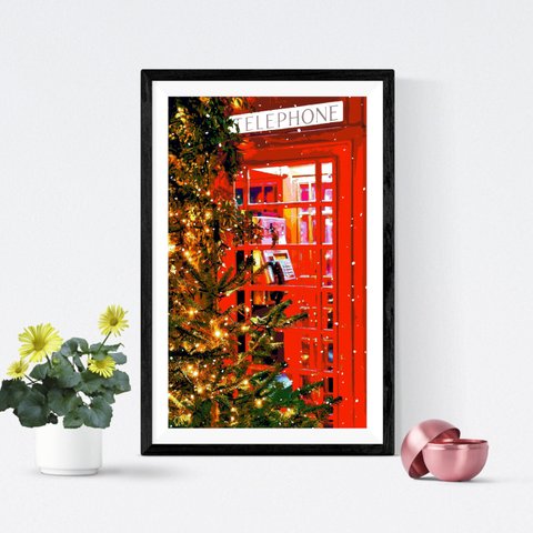 【アートポスター】イギリス クリスマスツリーと電話ボックス（作品No.544）