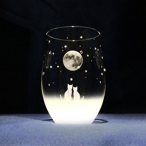【一緒にみる満月の夜空】 猫モチーフのタンブラーグラス（vol.1-fm） ★名入れ加工対応品（有料）