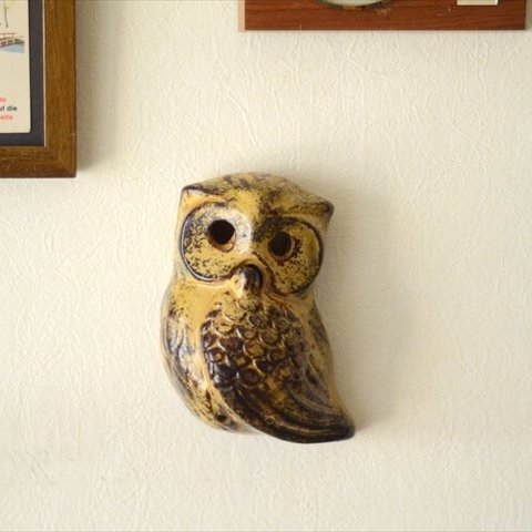ドイツから ヴィンテージ 陶器のフクロウのウォールデコ オブジェ 壁掛け フィギュア アンティーク_ig3878