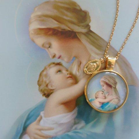 不思議のメダイとマリア様美しい聖母子 御守りネックレス 