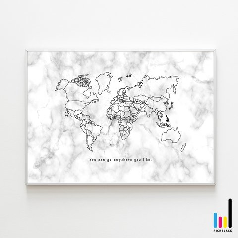 世界地図 大理石柄 アート ポスター A1 モノクロ モノトーン 白黒 地図 抽象画 北欧 北欧風 北欧インテリア 玄関 雑貨 シンプル 大理石 大理石風  インテリア 子供部屋 カフェ